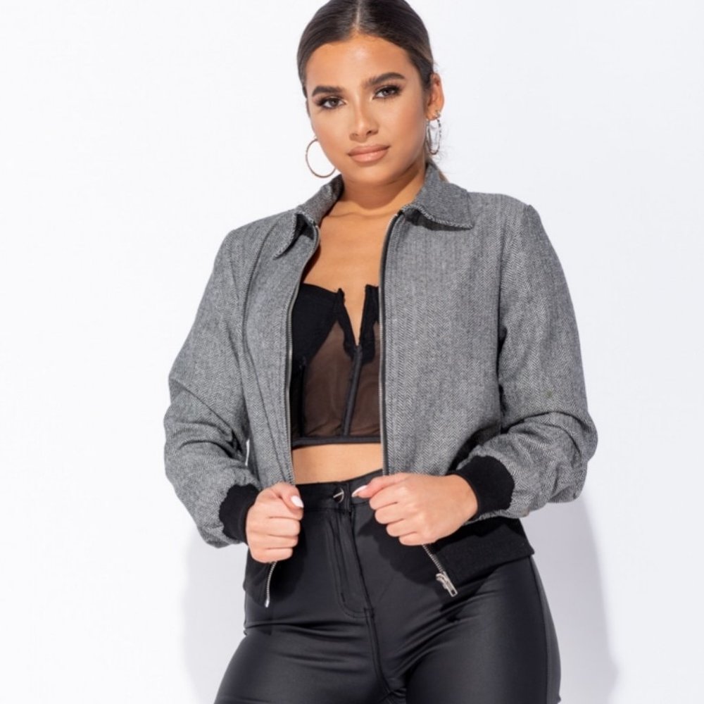 Gray Herringbone Tweed Long Sleeve Bomber Jacket - Picture 1 of 11